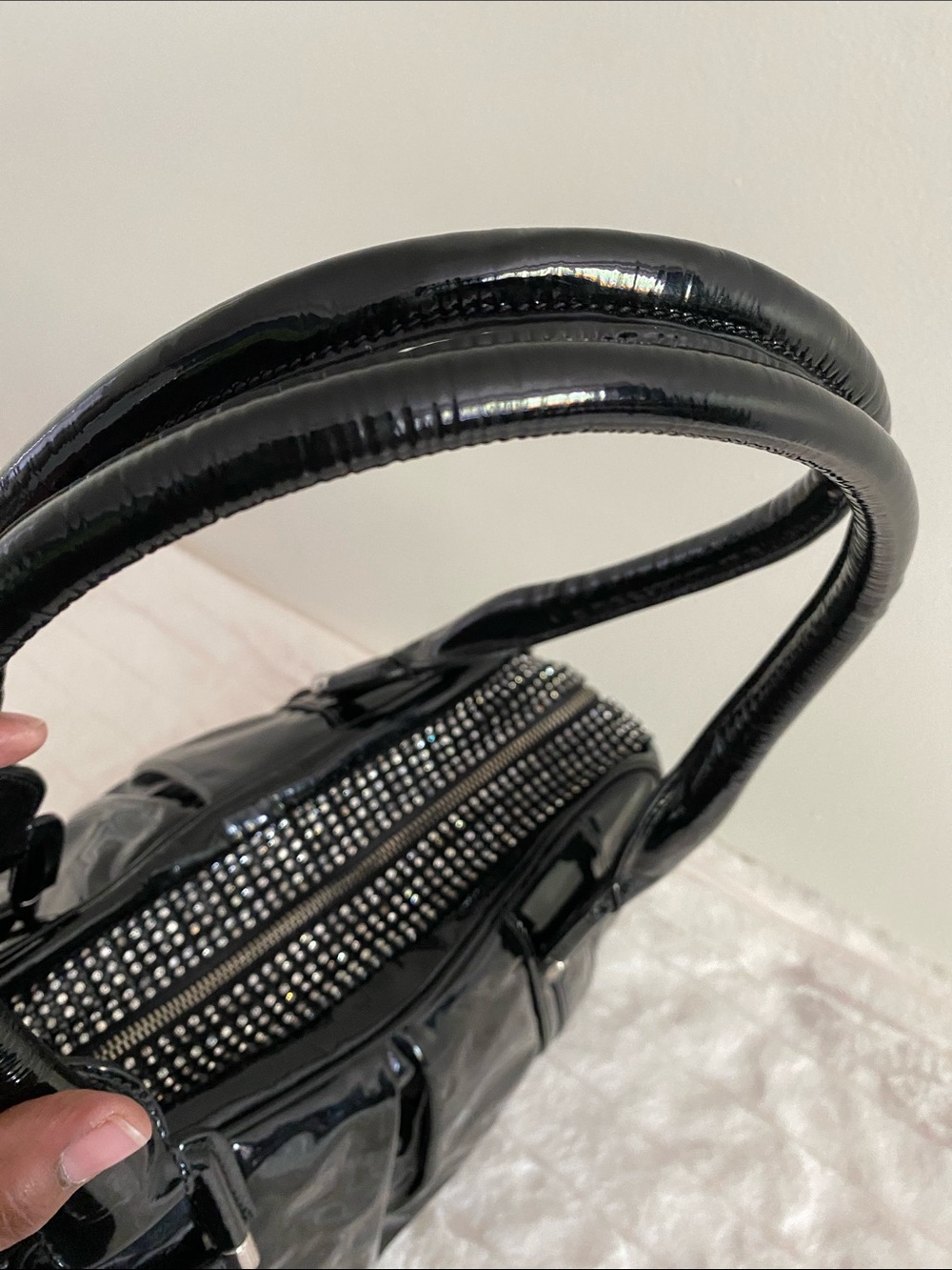 Rioni Studded Shoulder Tote in Glossy Black Patent Leather - Made in Italy - Picture 11 of 17